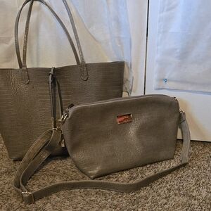 Remi & Reid Gray Croc-Embossed Tote and Crossbody Bag Set